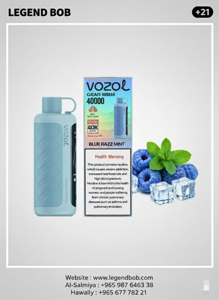 VOZOL GEAR HOOKAH SHISHA 40000 PUFFS 5MG _ BLUE RAZZ MINT