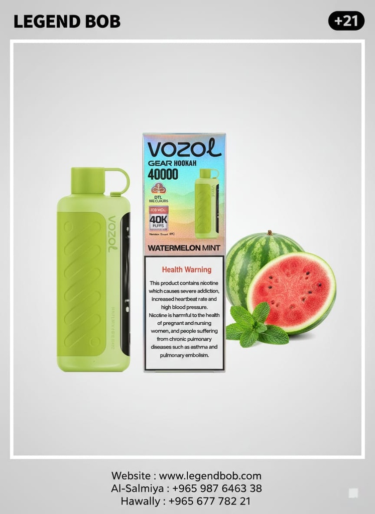 VOZOL GEAR HOOKAH SHISHA 40000 PUFFS 5MG _ WATERMELON MINT